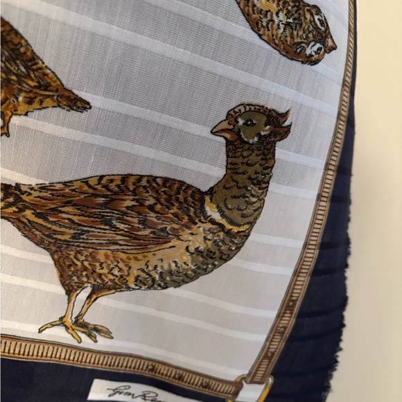 Jim Renoir Vintage Extra Large Square Pheasant Scarf 46x46 EUC Blue/White/Gold - Picture 12 of 14
